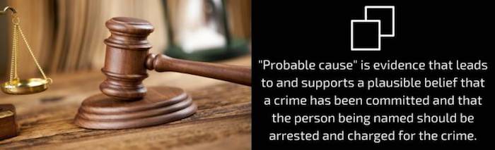 'Probable cause' is evidence that leads to and supports a plausible belief that a crime has been committed and that the person being named should be arrested and charged for the crime.