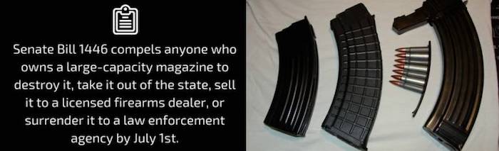 Senate Bill 1446 compels anyone who owns a large-capacity magazine to destroy it, take it out of the state, sell it to a licensed firearms dealer, or surrender it to a law enforcement agency by July 1st.